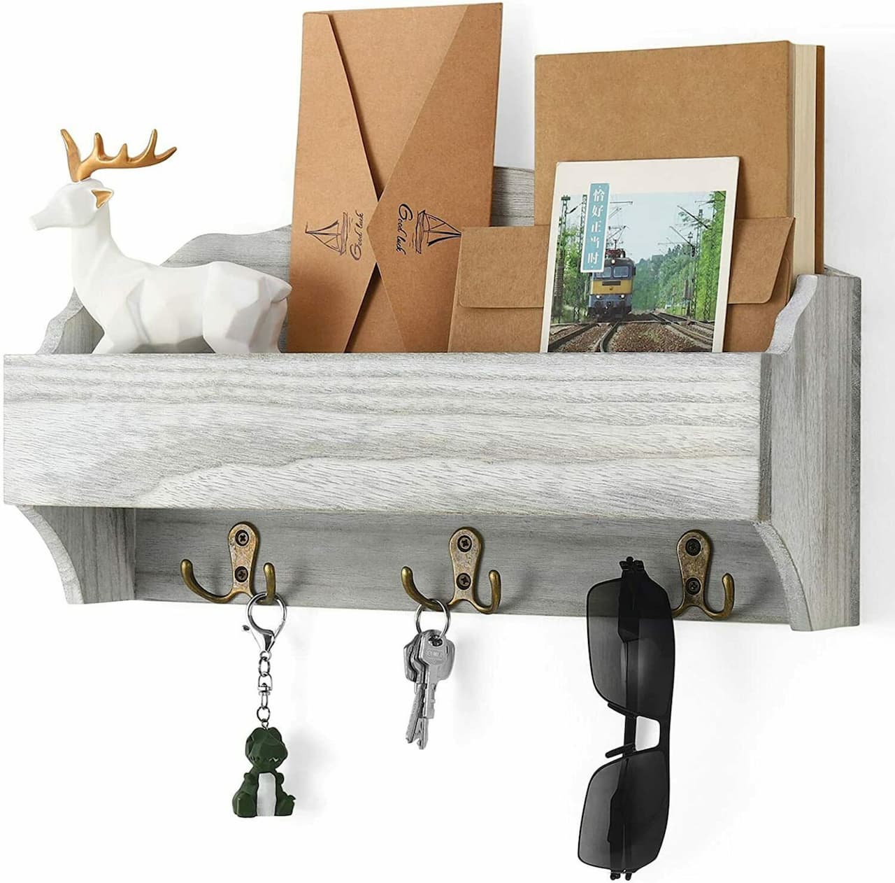 Rustic White Wooden Mail 1-Piece Floating Wall Shelf With 6 Key Hooks
